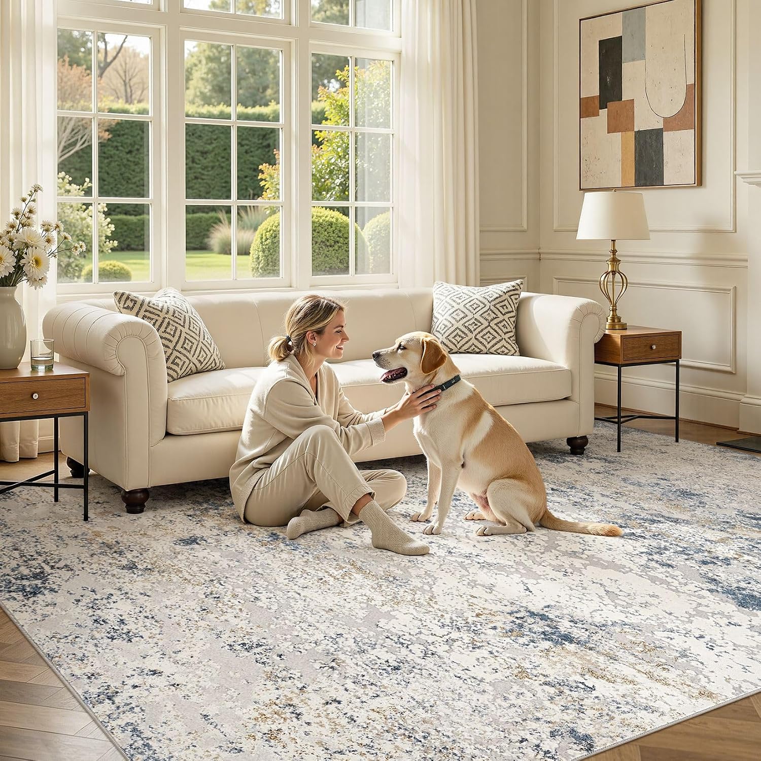 Detalle 2 de DMOYEST 8x10 Abstract Low Pile Area Rug (Neutral Beige Blue) — Soft, Washable Indoor Carpet