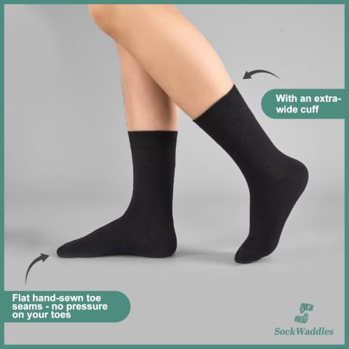 Detalle 2 de SockWaddles Diabetic Socks for Men and Women – 6 Pairs, Soft Top Cotton Crew, Seamless Toe, Loose Comfort Fit in Black (UK 9–11)