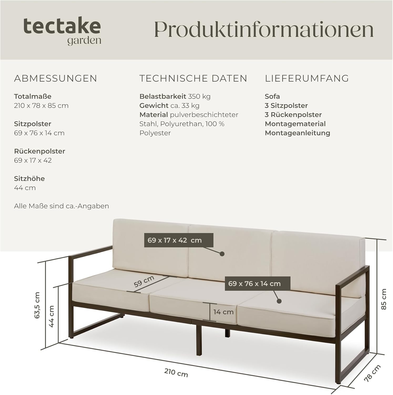Detalle de tectake® Garten Lounge Sofa 3 Sitzer – Outdoor-Couch mit Lehne und wetterfesten Bezügen