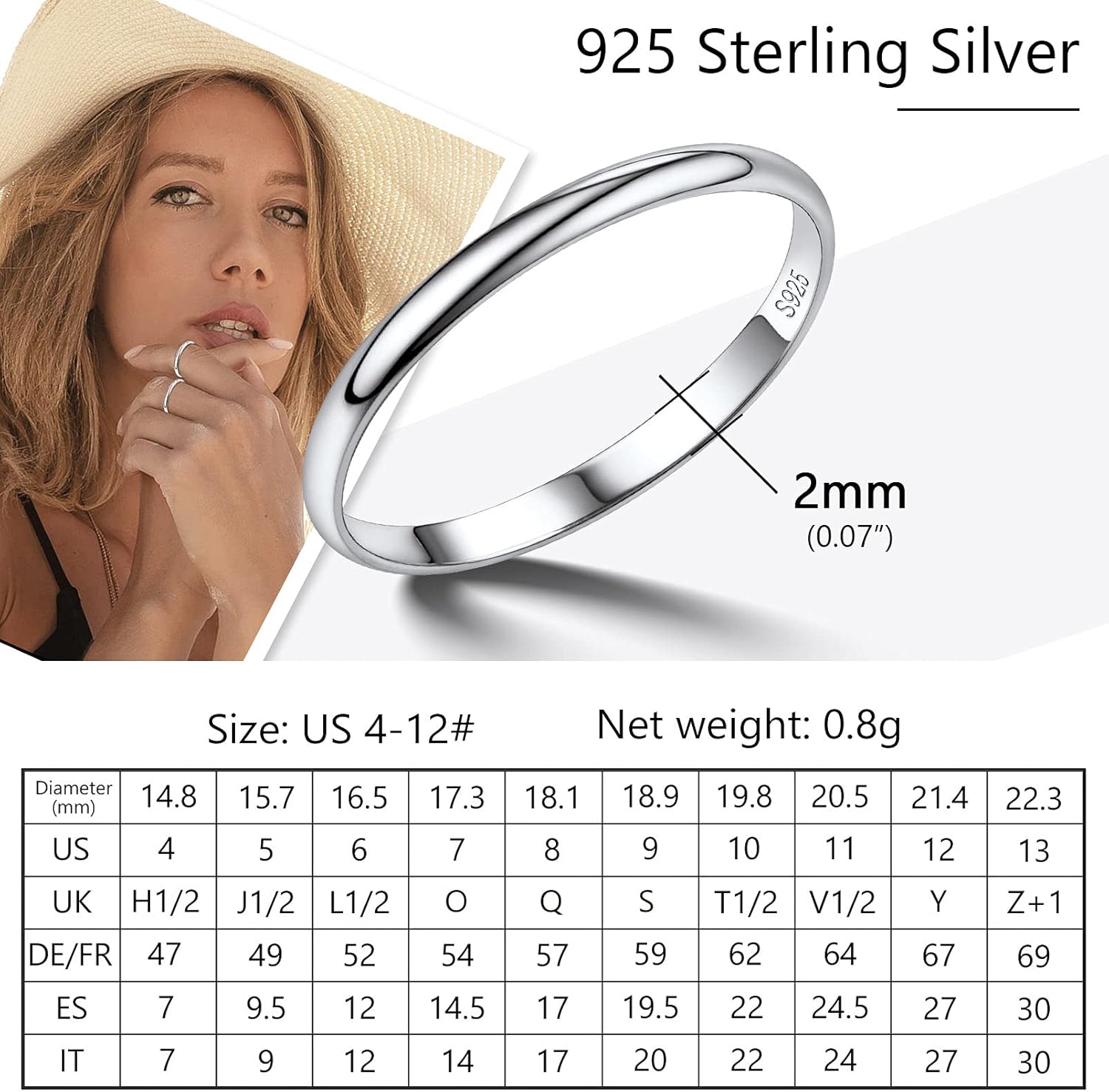Thumbnail 5 de PROSILVER Bague Femme Fine 2mm/3mm en Argent Plaqué Or Blanc/Rose – Alliance Entrelacée Personnalisable