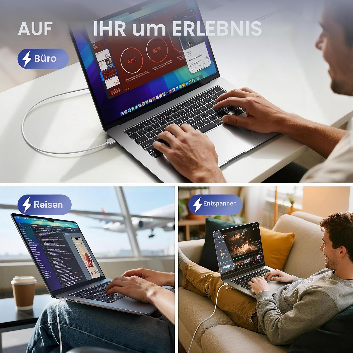 Detalle 2 de Hugener Magnetisch 3 USB-C Kabel 2m – 140W Magnet-Ladekabel mit LED, kompatibel mit MacBook Air/M Pro (M4/M3/M2/M1) 13–16 Zoll, Weiß