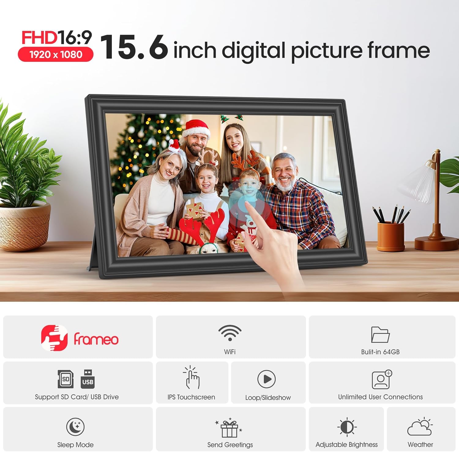 Thumbnail 4 de 64GB 15.6" Frameo WiFi Digital Photo Frame (Black) – 1920×1080 FHD Touch Screen, Auto Rotate, Wall Mountable