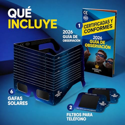 Detalle de Medical King: 6 Gafas Eclipse Solar Homologadas ISO 12312-2 - Pack con 2 Filtros para Smartphone