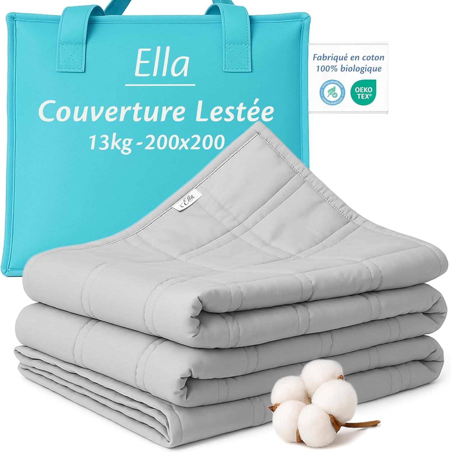 Ella Couverture Lestée Adulte 200x200 cm (13 kg) : couverture 7 couches apaisante