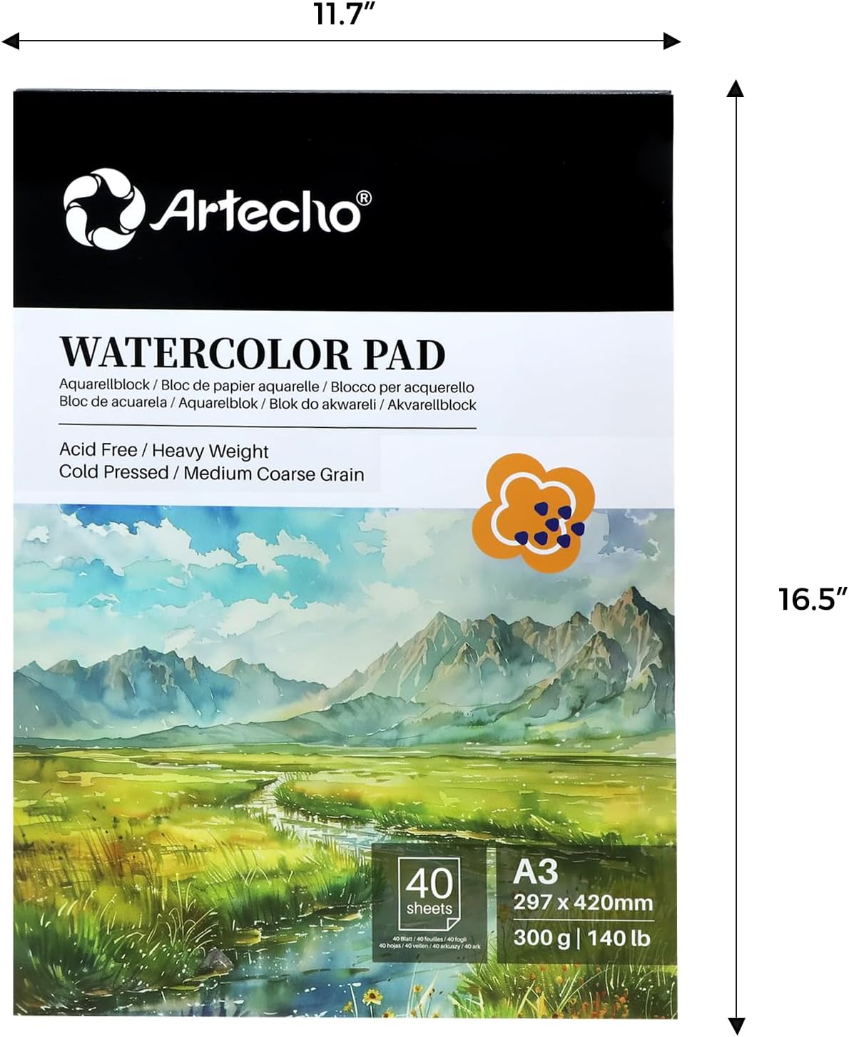 Thumbnail 1 de Artecho Aquarellpapier A3, 300 g, 40 Blatt (42 × 29,7 cm) inkl. Pinsel & Bleistift