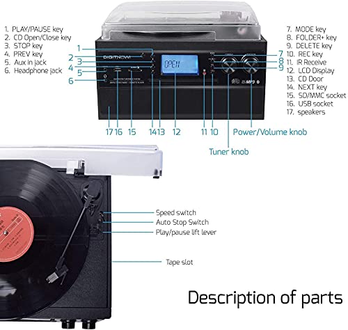 Detalle de DIGITNOW Tocadiscos con Bluetooth, CD, casete, radio AM/FM y USB