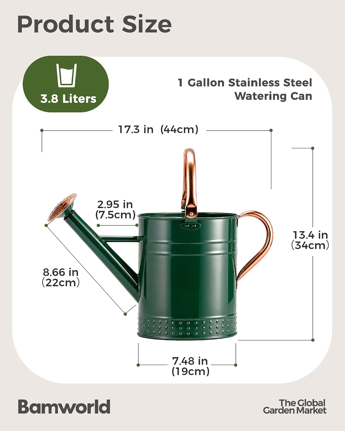 Detalle de Bamworld 1 Gallon Stainless Steel Watering Can with Long Spout (Green)