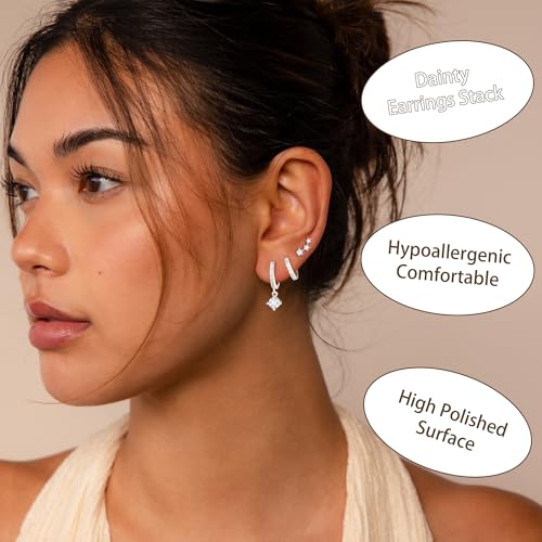 Detalle 2 de Halora Silver Earrings for Women: 8 Styles in 3-Pair Sets – 925 Sterling Silver Hypoallergenic Studs & Hoops