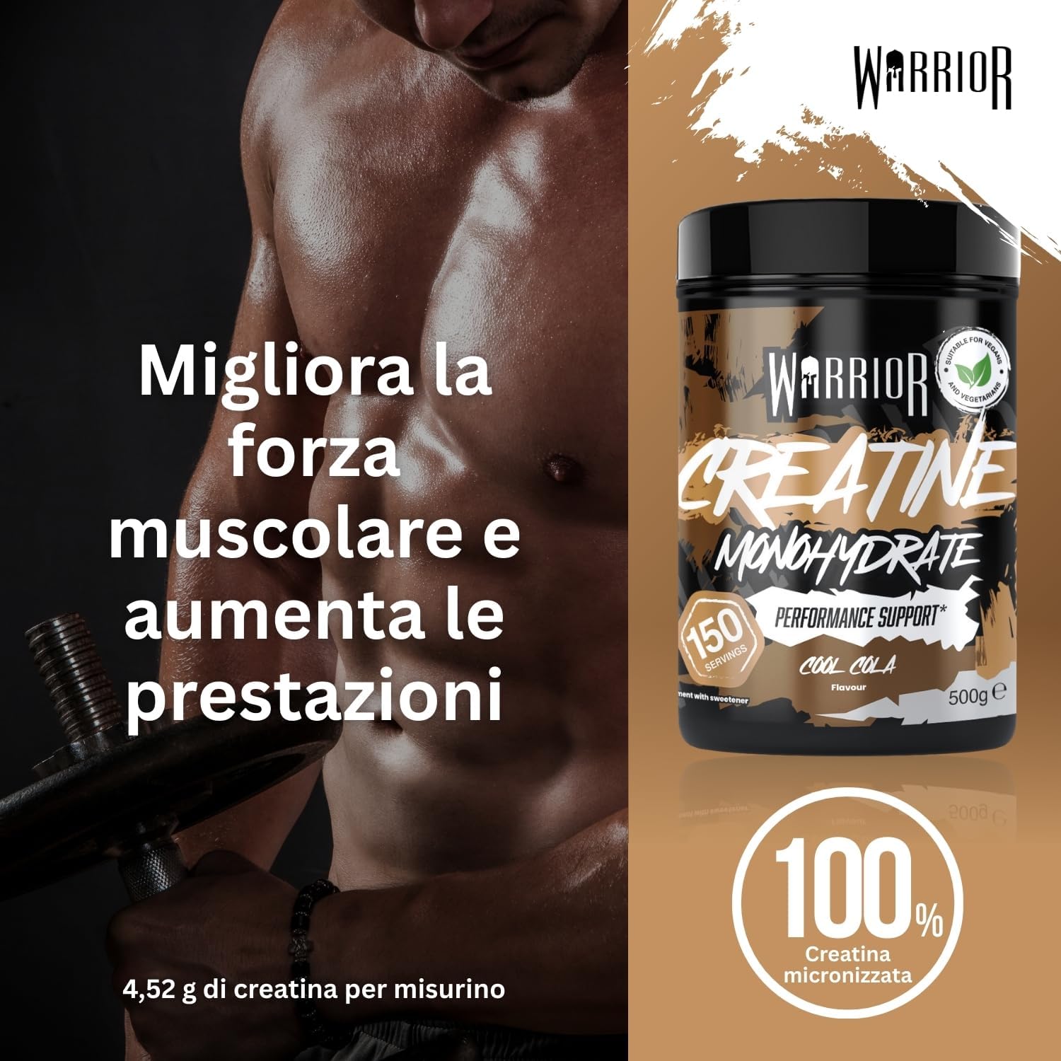 Detalle 2 de Warrior Creatina Monoidrata in Polvere 500 g – Creatina purissima micronizzata per massa e forza