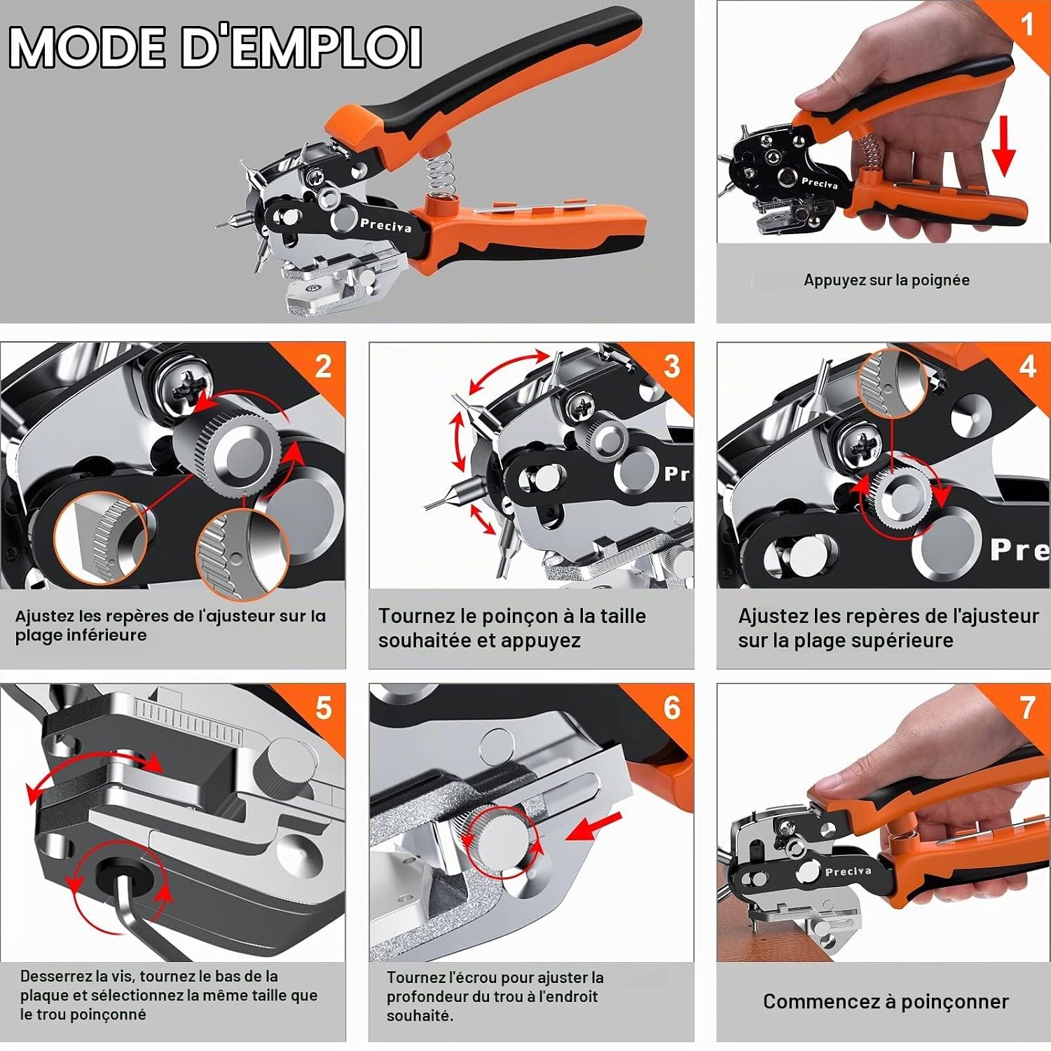 Detalle 2 de Preciva FH0133 revolvertang voor leer met zes ponsmaten van 2 tot 4,5 mm
