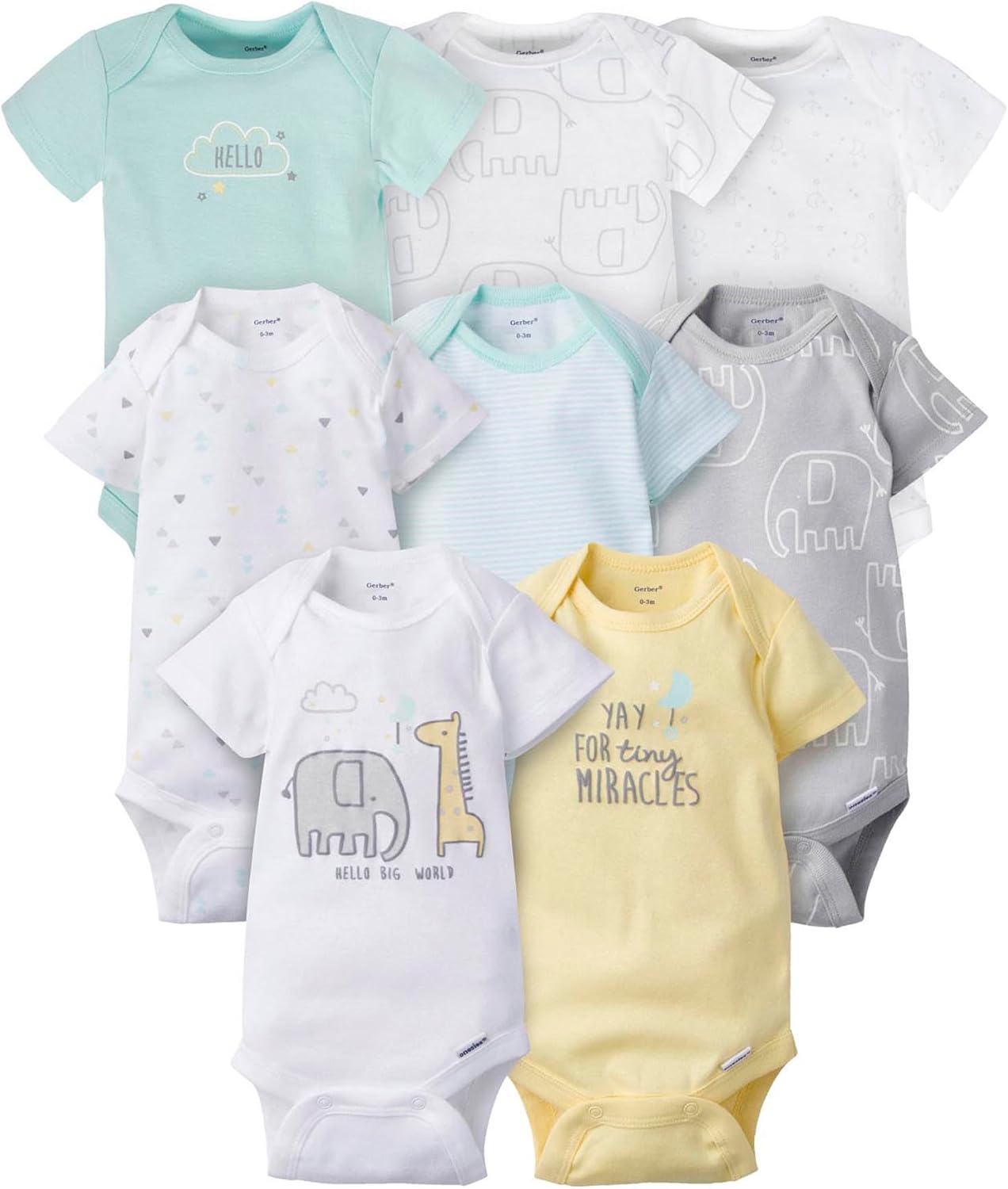 Detalle de Gerber 8 pack Baby Neutral ANIMALS Short Sleeve Onesies