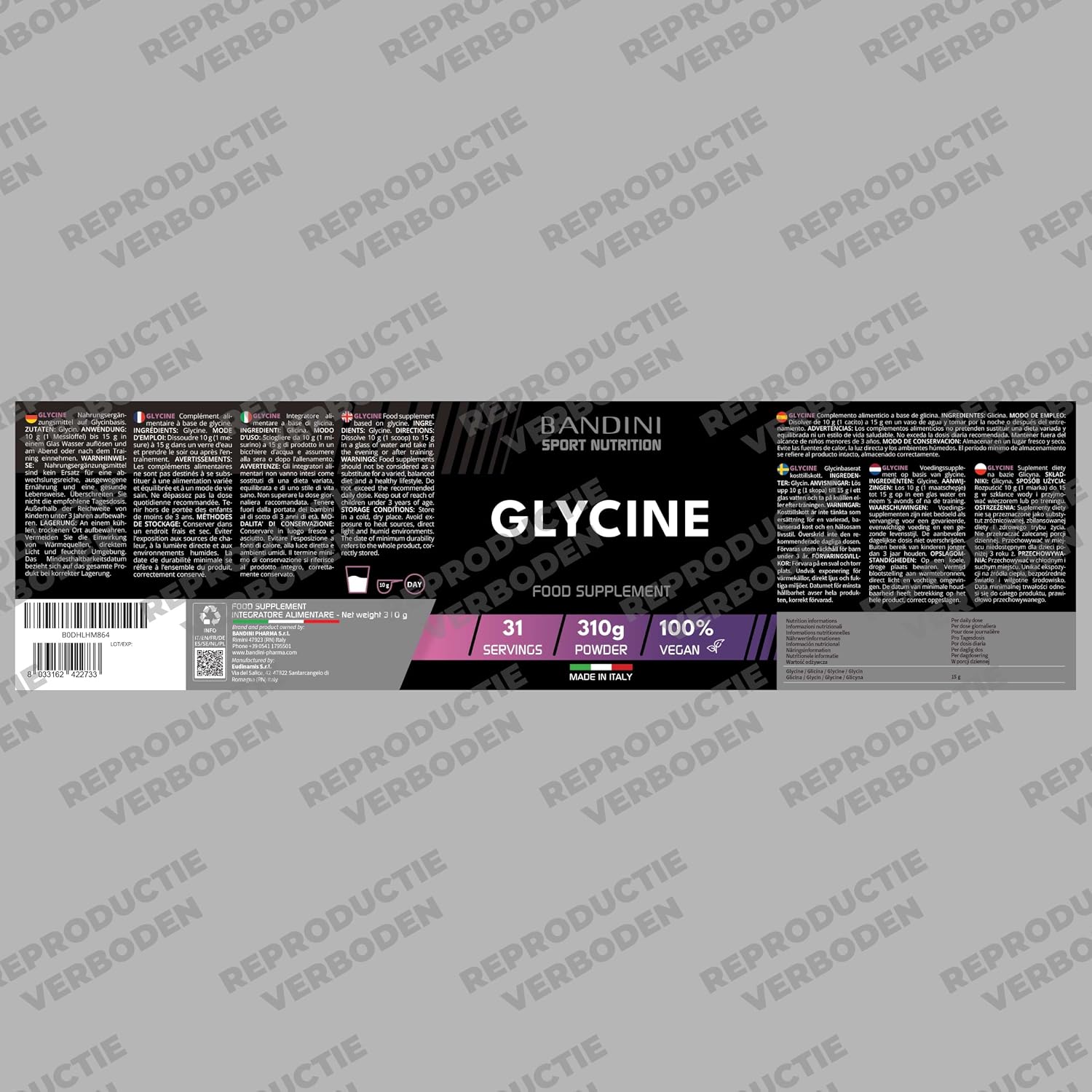 Detalle de BANDINI GLYCINE L-glycinepoeder 310 g, vegan en zonder toevoegingen