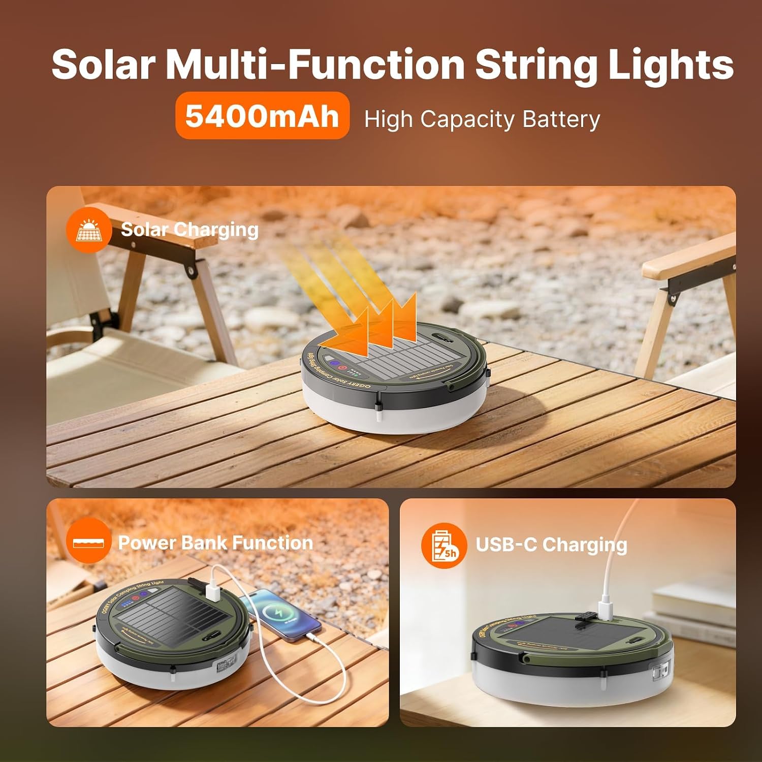 Detalle 2 de OGERY Solar Camping String Lights 5400mAh