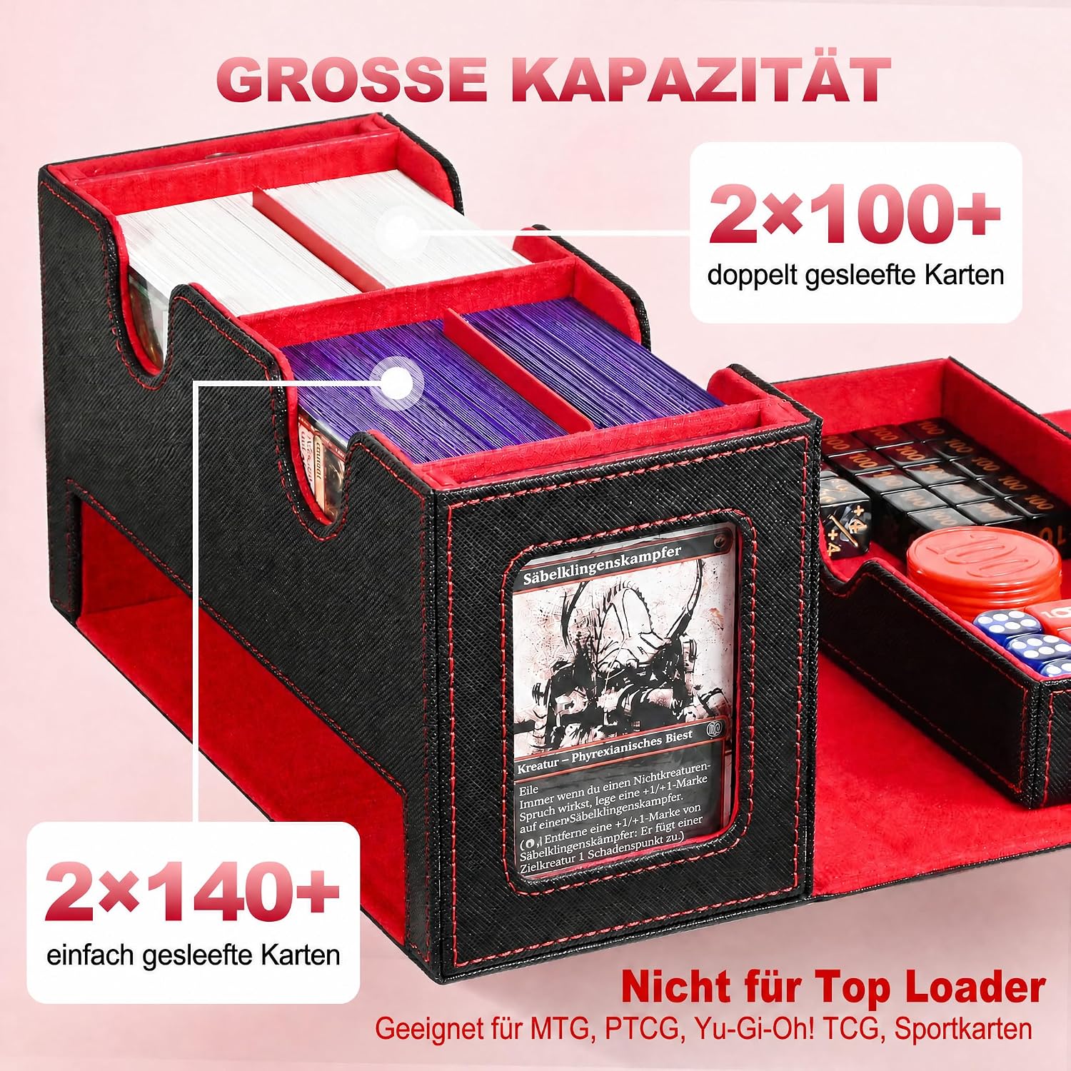 Detalle de UAONO MTG Deck-Box mit 2 Commander Displays – 250+ Karten, Würfelablage, patentiertes Design
