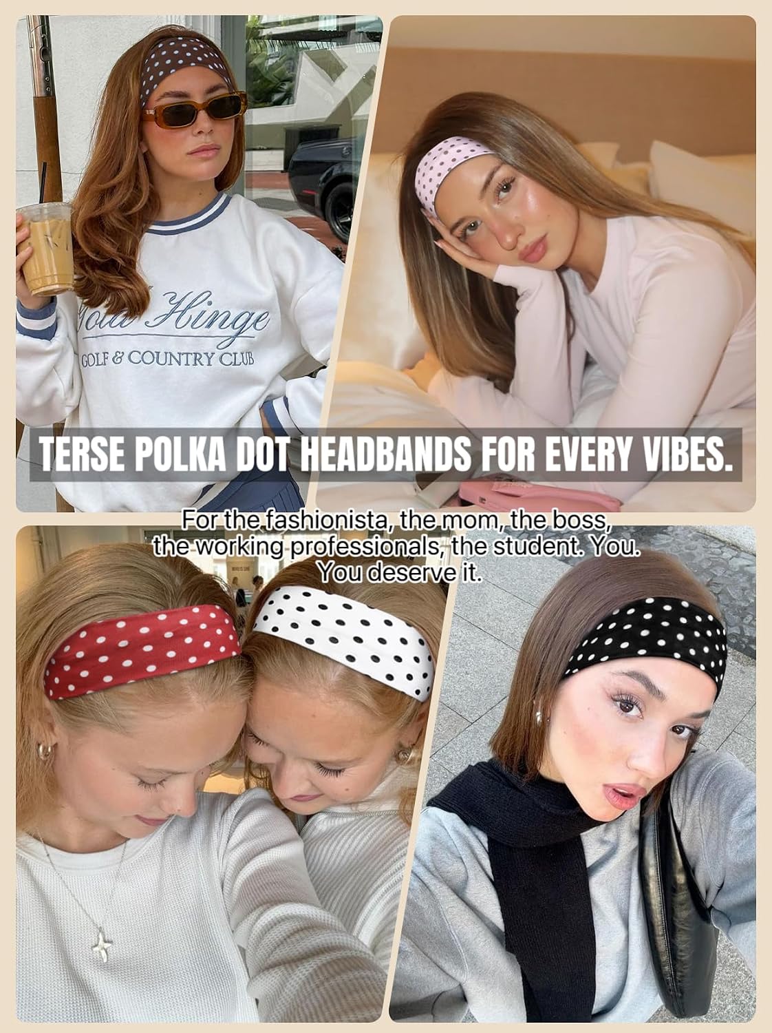 Detalle de TERSE Polka Dot Headbands for Women — 6-Pack Polka Dot Hair Bands