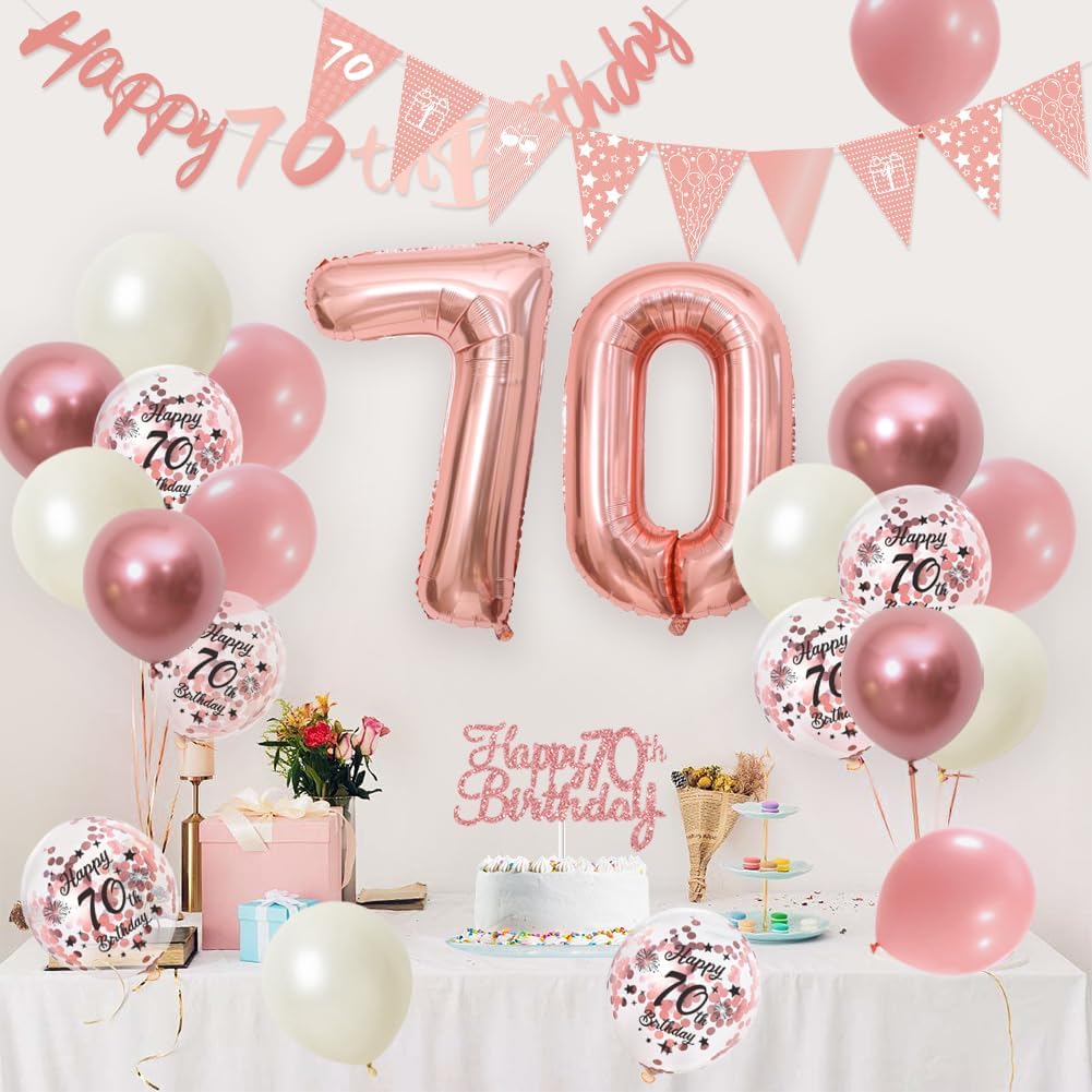 Thumbnail 4 de 70th Birthday Decorations Retro Pink & Rose Gold Set (Double Digits) for Women & Girls