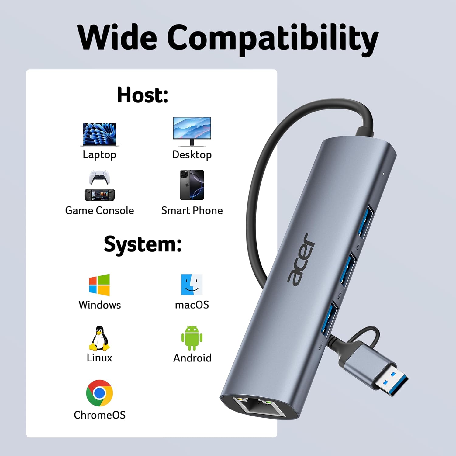 Thumbnail 6 de Acer USB-C Ethernet Adapter & USB Hub with 3x USB 3.0 Ports and 1Gbps RJ45