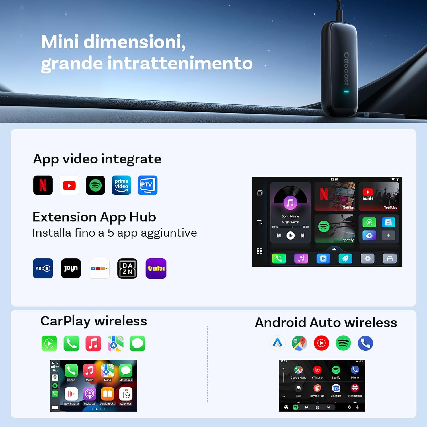 Detalle 2 de OTTOCAST Play2Video Ultra 2026: Adattatore CarPlay Wireless & Android Auto con YouTube/Prime Video