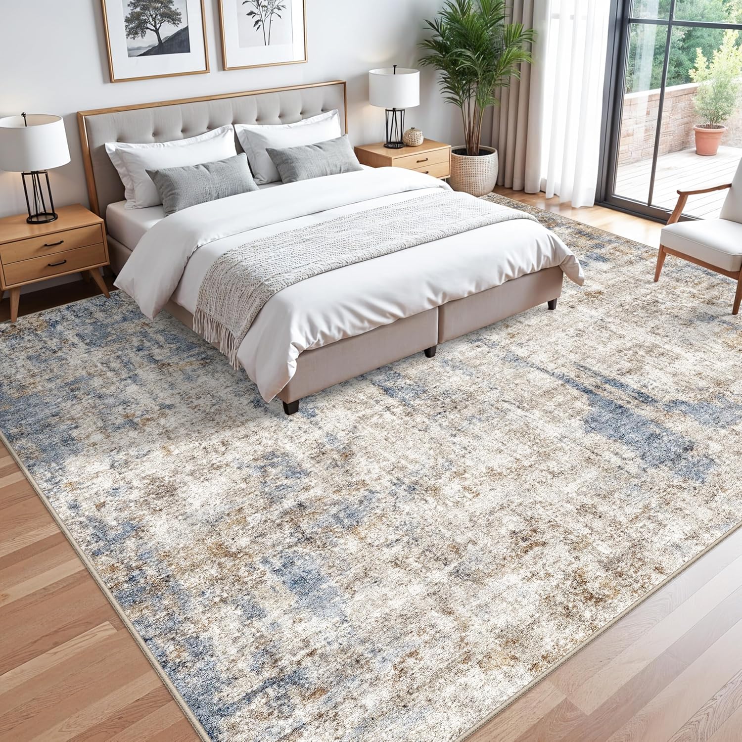 Thumbnail 3 de 12x12ft Square Living Room Rug with Non-Slip Rubber Backing (Blue/Brown) – Washable Low-Pile Indoor Carpet