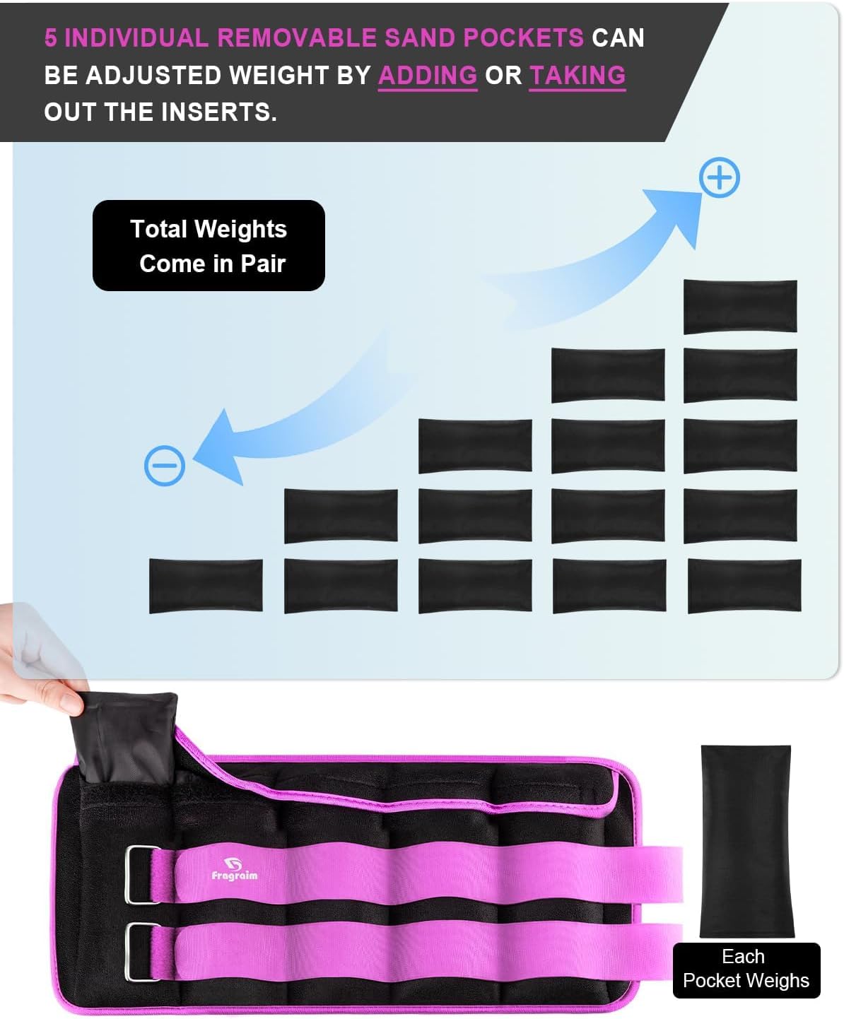 Detalle de Fragraim 15-lb Adjustable Ankle Weights, Removable Inserts, Purple Pair