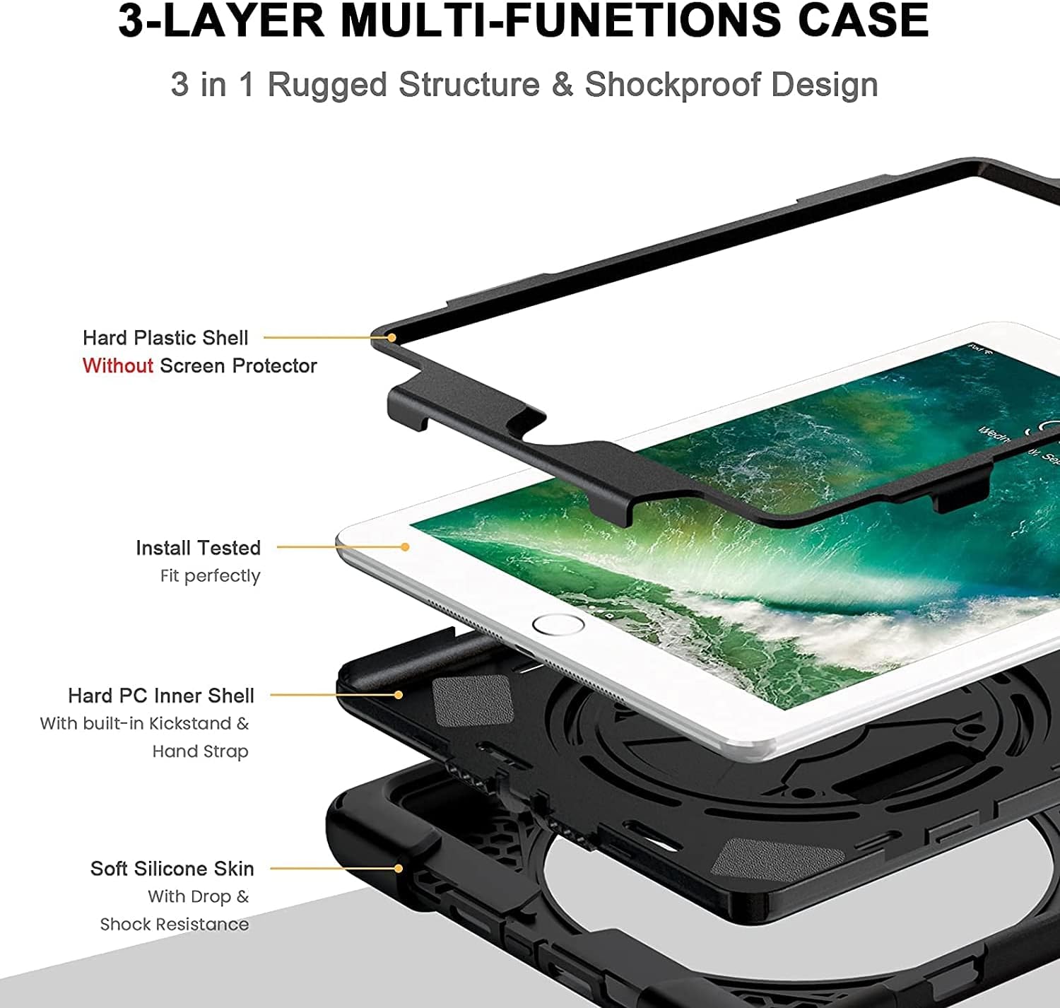 Thumbnail 4 de Gerutek Rugged Case for iPad 6th/5th Gen (9.7 inch, 2017/2018) – Shockproof black with 360 hand strap & stand