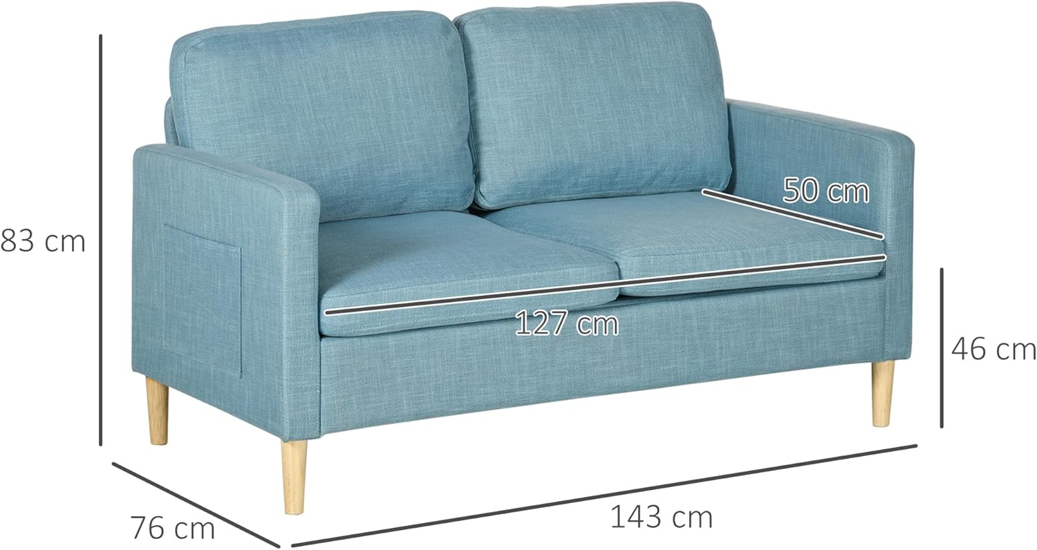 Thumbnail 2 de HOMCOM Sofá 2 Plazas Azul Claro con Bolsillos y Patas de Madera 🛋