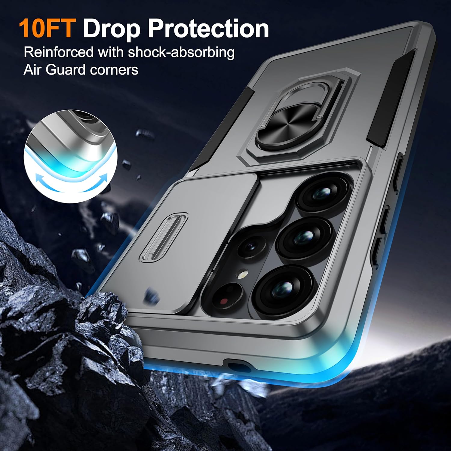 Thumbnail 1 de AMILIFECASES for Samsung Galaxy S26 Ultra case with slide camera cover, rotatable kickstand and 9H screen protector (Gray)