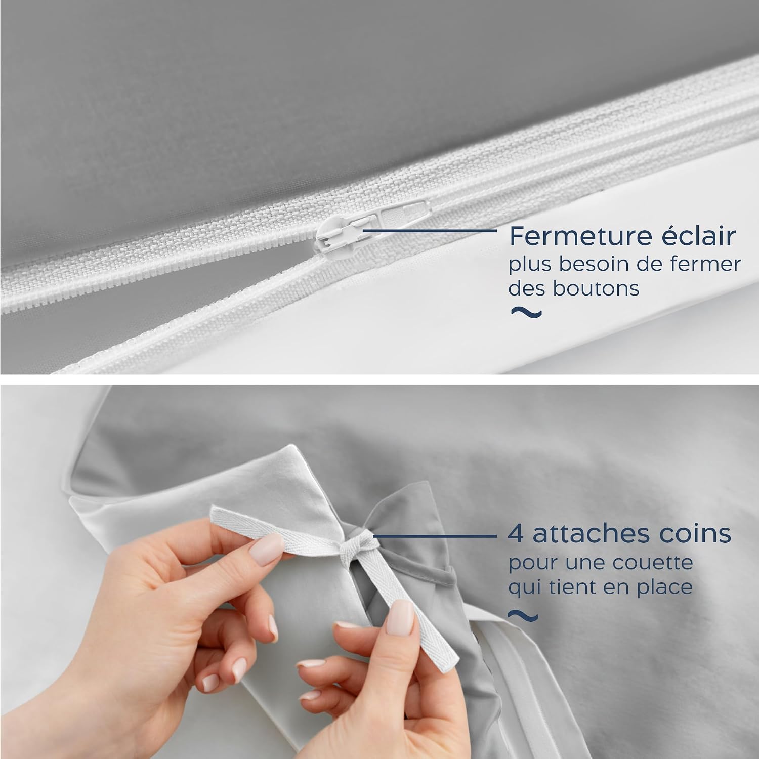 Detalle de Twinzen Parure de lit 220x240 réversible en microfibre grise claire/blanc avec 2 taies 65x65