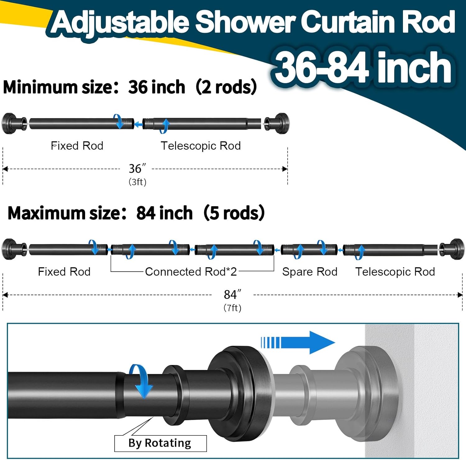 Thumbnail 6 de Black Shower Curtain Rod 36-84 Inch Adjustable 📏