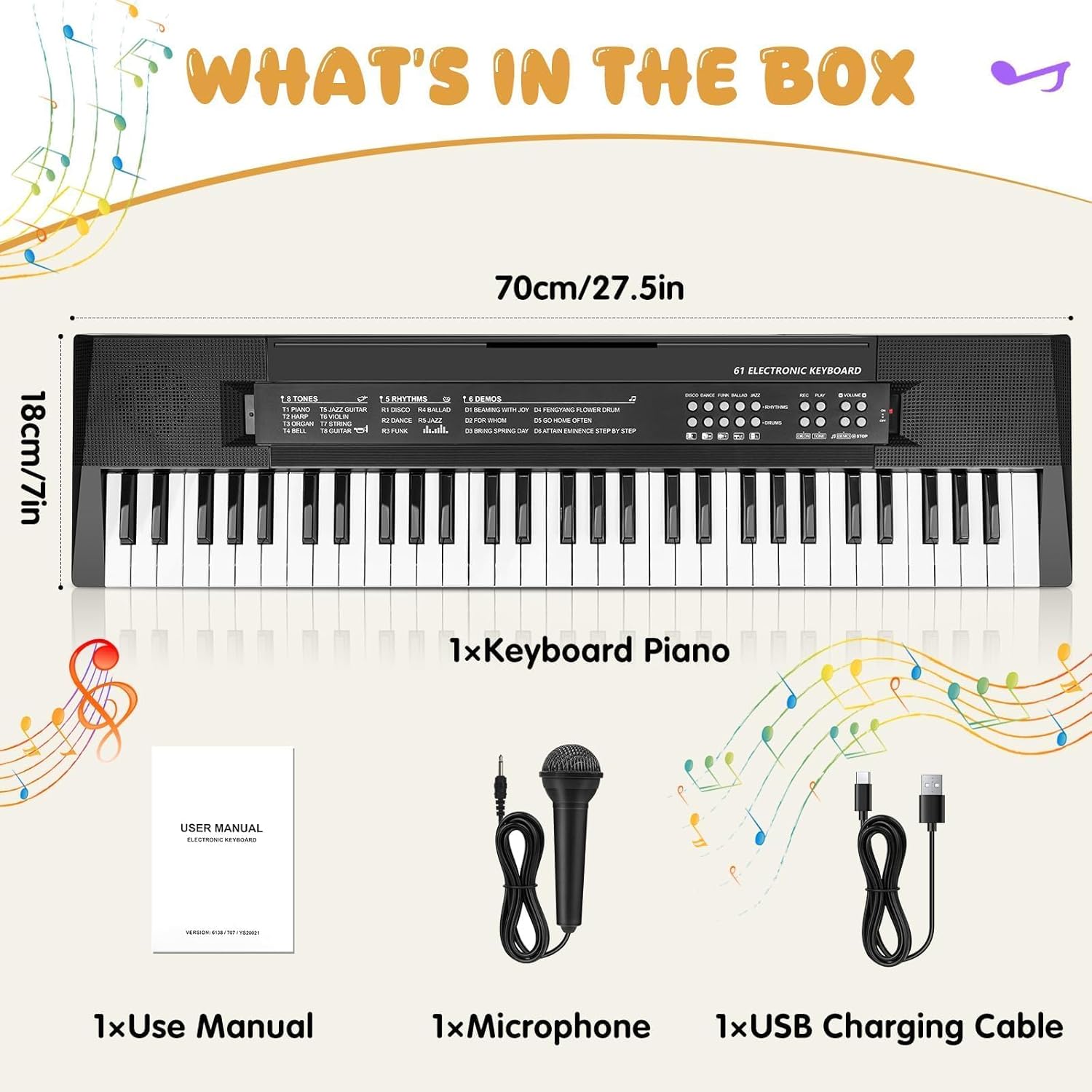 Detalle de Bambini Tastiera Pianoforte Giocattolo Pianola con Microfono - 61 Tasti Portatile, Nero