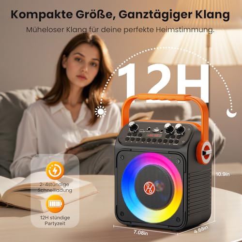 Thumbnail 6 de HWWR Karaoke Anlage mit 2 Mikrofonen – 80 W Bluetooth Box mit 6,5 Zoll Subwoofer, RGB-Beleuchtung und Akku (bis 12 h) für Familienfeiern