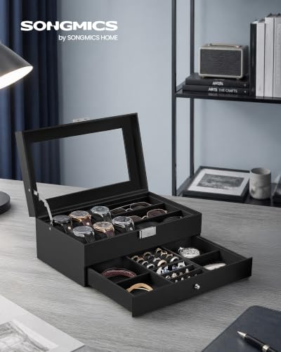 Detalle de SONGMICS Porta Orologi, 6 Posti, con Cassetto e Coperchio in Vetro – Organizzazione elegante per tuo stile
