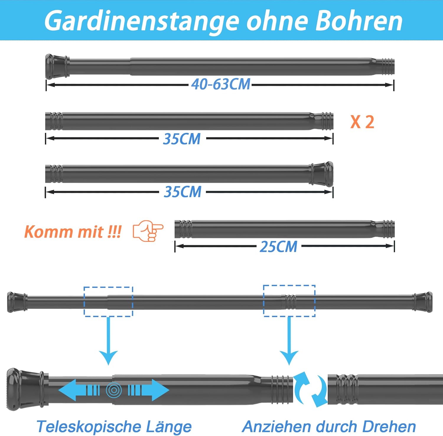 Thumbnail 2 de Duschvorhangstange ohne Bohren, teleskopierbar 83–190 cm, Klemmstange mit rutschfestem Kopf, Ø 25 mm – schwarz