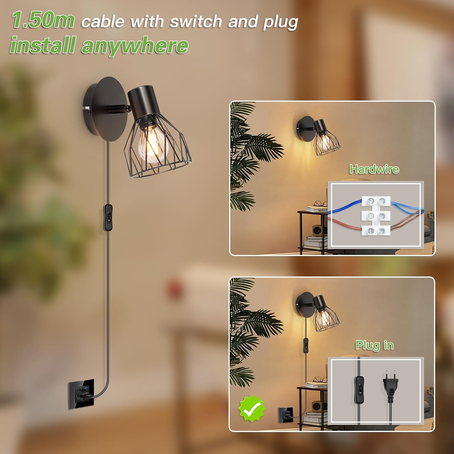 Detalle de Kimjo D0597 Retro-Raster wandlamp, zwart met draaibare E14-spot