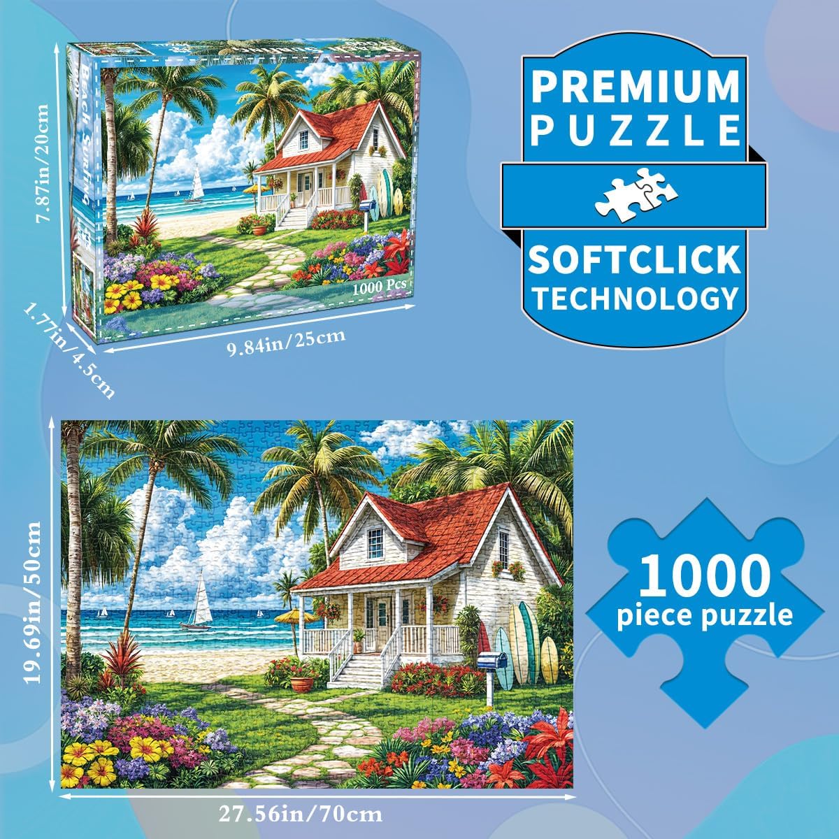 Thumbnail 4 de 1000-Piece Beach House Fun Surfing Jigsaw Puzzle for Adults (70cm x 50cm)