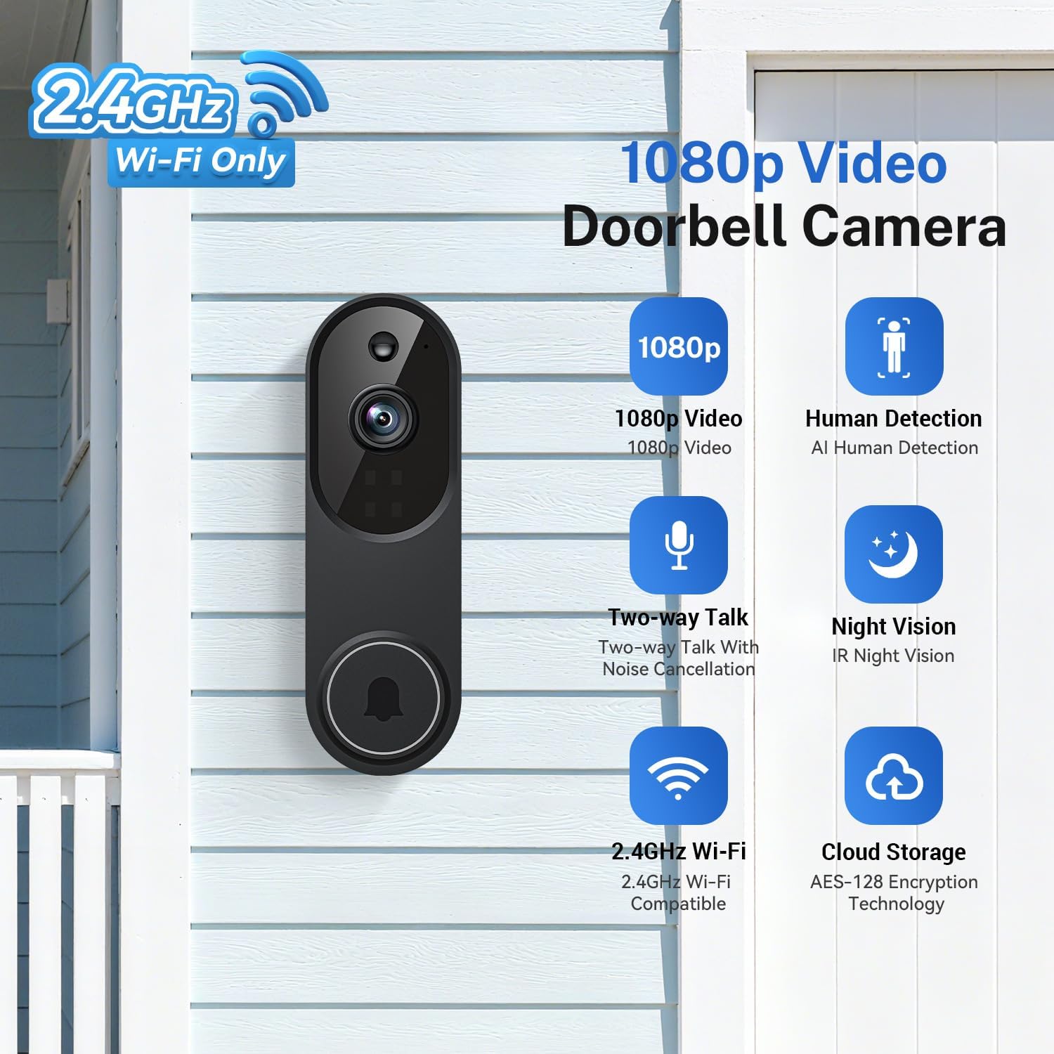 Detalle de ClipBlur Wireless Wi‑Fi Video Doorbell Camera (2.4G Wi‑Fi) with Night Vision, Two‑Way Audio & AI Motion Detection