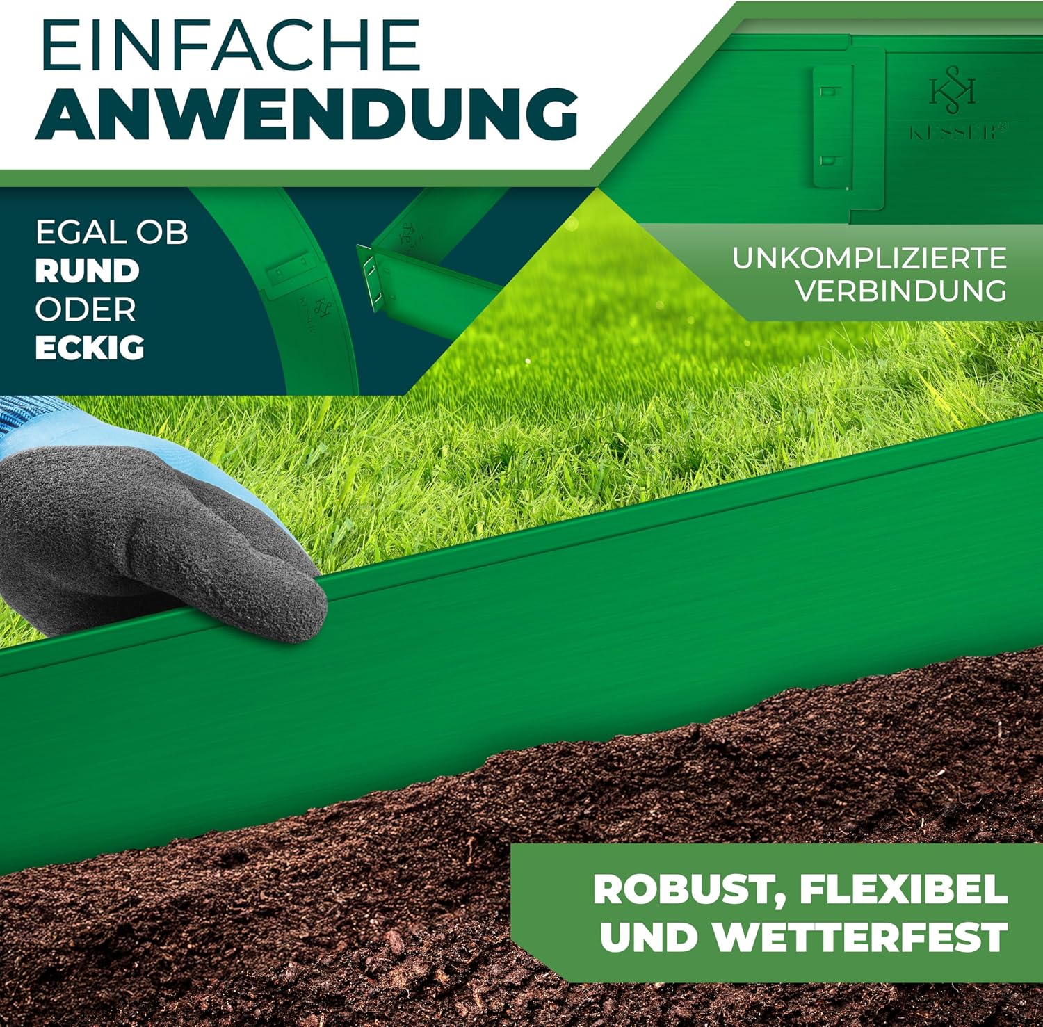 Detalle de KESSER Rasenkante Beeteinfassung – Beetumrandung mit Handschuhen 10 m, 100 x 14 cm, Metall Palisade, Silber