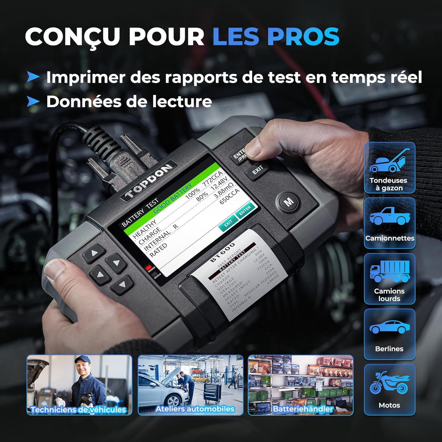Thumbnail 4 de TOPDON Testeur de batterie BT600 — Testeur 12/24 V avec imprimante et écran couleur 3,5 pouces