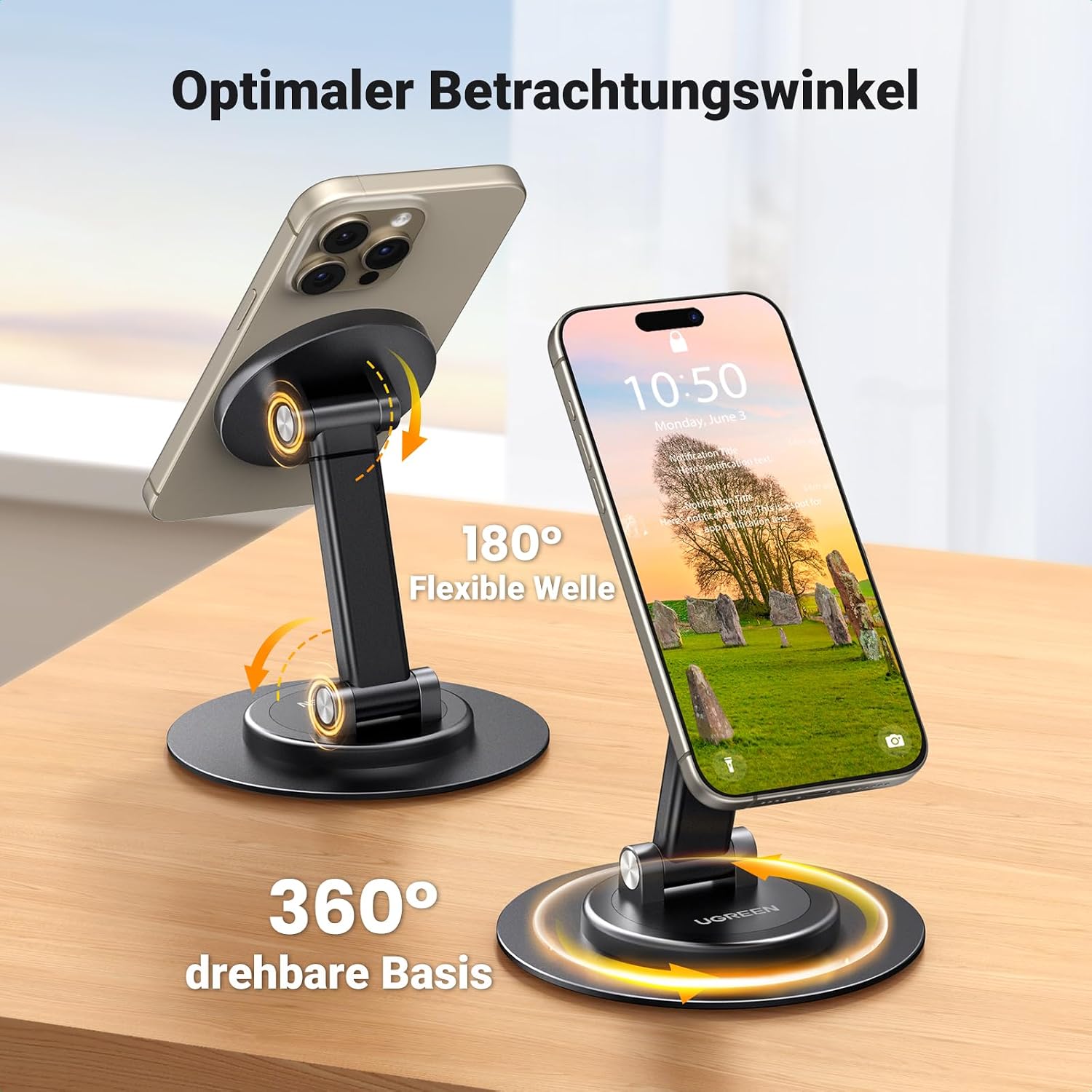 Detalle de UGREEN MagSafe Handy Ständer 360°Verstellbar – Magnethalterung, Tischstütze mit Metallring