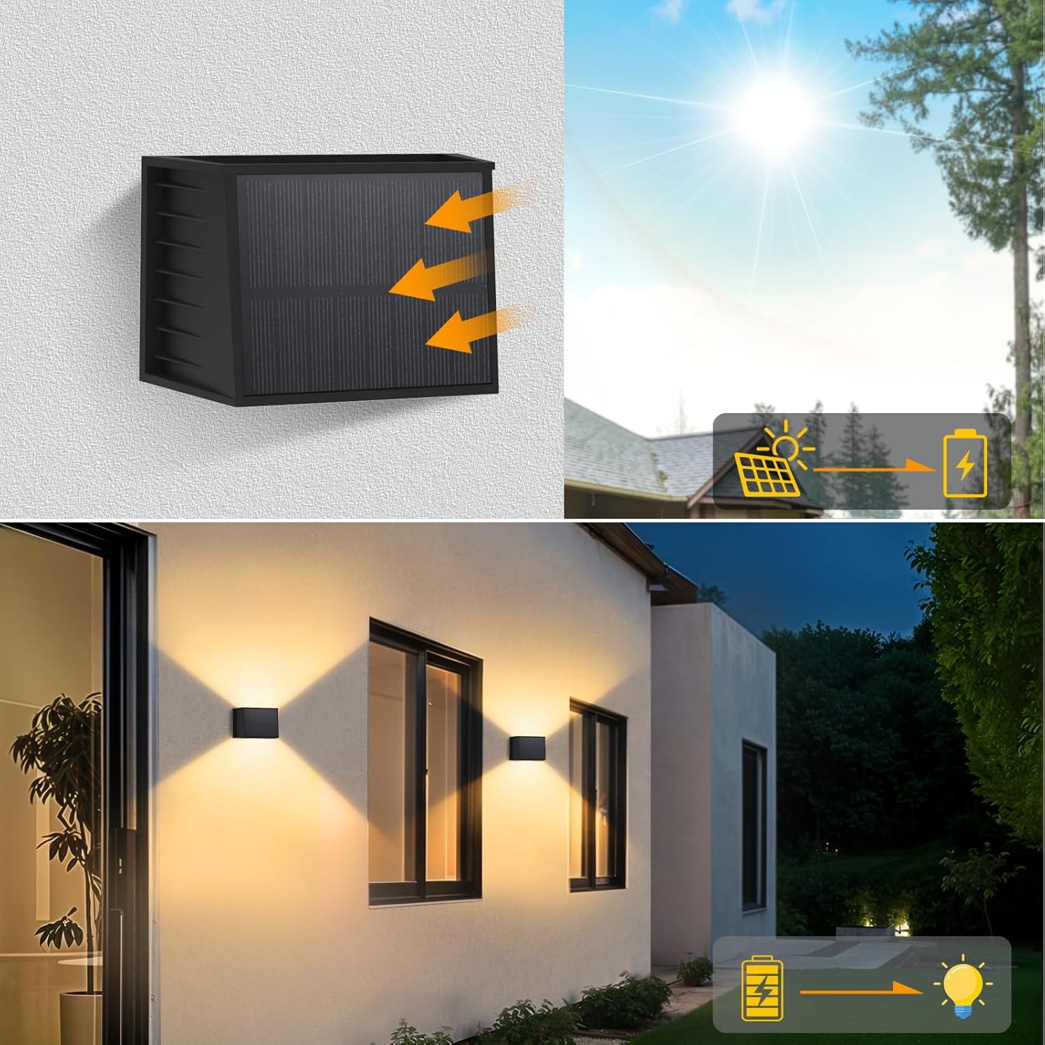 Detalle 2 de T-SUN 2 Pezzi Applique Solare da Esterno Nero – Luce Calda 3000K, IP65, Up/Down