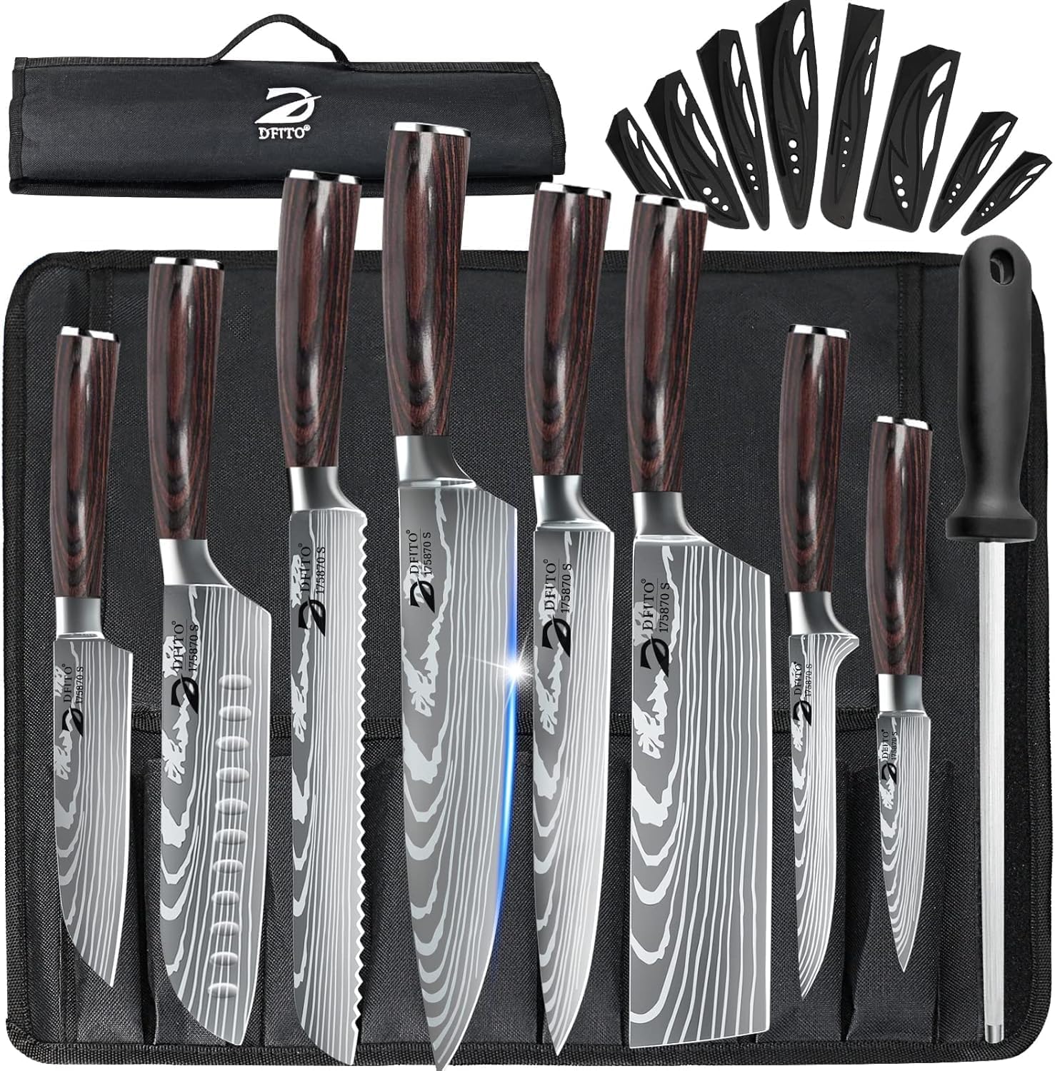 Detalle de Dfito Kitchen Knife Set-Red, 9-Piece Set with Roll Bag and Sharpener
