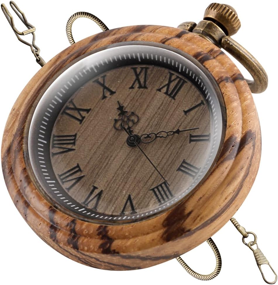 Detalle de Tiong Men's Vintage Bamboo Wood Pocket Watch with Chain – Handmade Retro Quartz