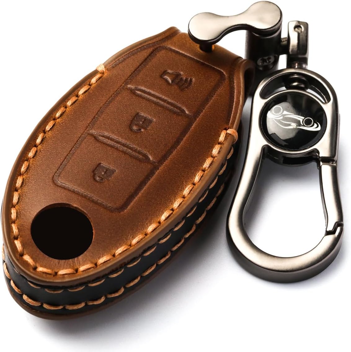 Detalle de APEKUU Leather Nissan Key Fob Cover, Hand-Stitched Brown Case