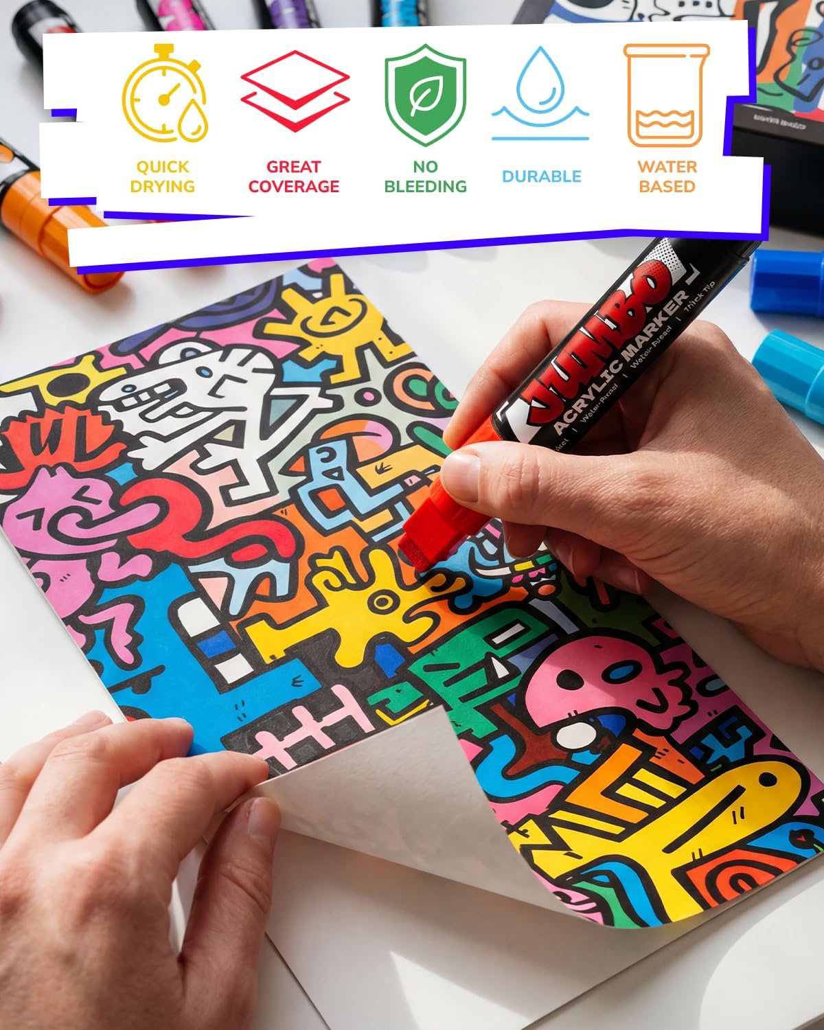 Detalle 2 de JusArt 14 Colors Jumbo Markers – 15mm Wide Tip for Multi-Surface Crafting