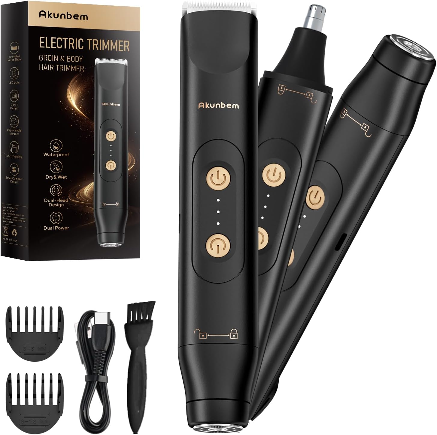 Akunbem Groin & Body Hair Trimmer for Women and Men: IPX7, Dual-Head Waterproof Shaver