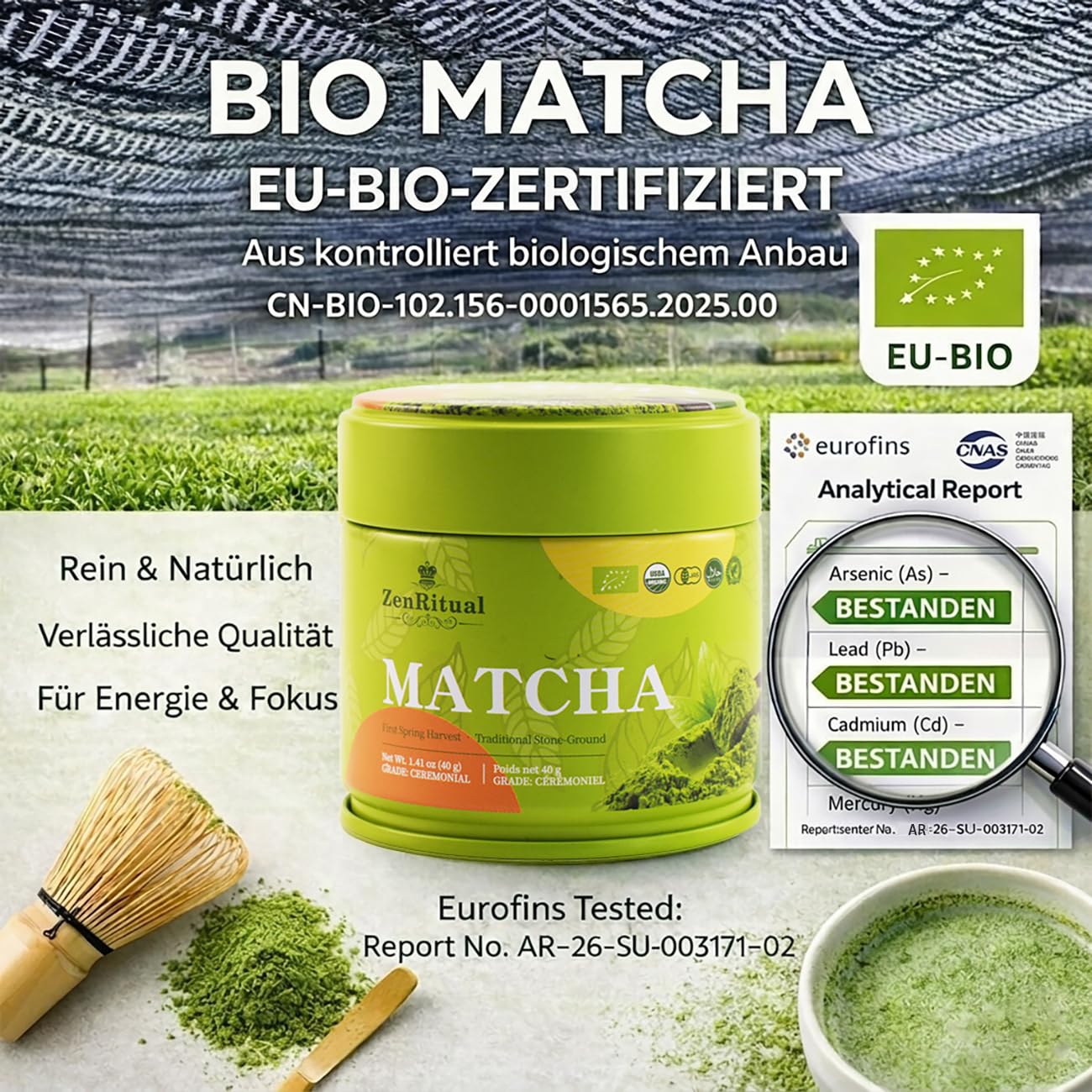 Detalle 2 de ZenRitual Matcha Pulver Bio 40g Dose – Ceremonial Grade, Tencha Erste Ernte