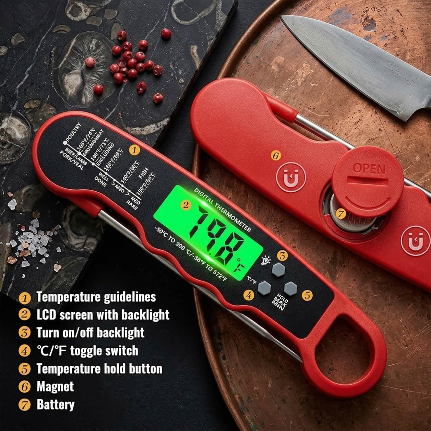 Detalle de ZIKUREL TM02 Digital Meat Thermometer with Backlit Display and IP67 Water Resistance