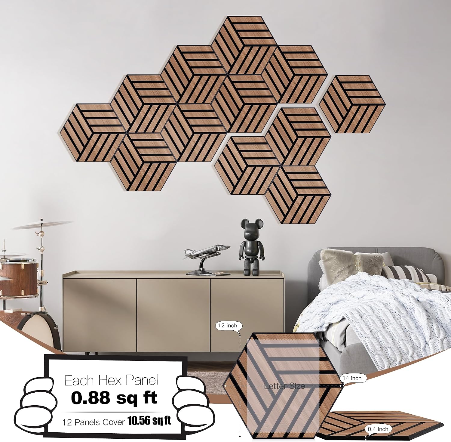 Detalle 2 de Mollywell Walnut Hexagon Acoustic Panels, 12-Pack, 14 x 12 in, NRC 0.95
