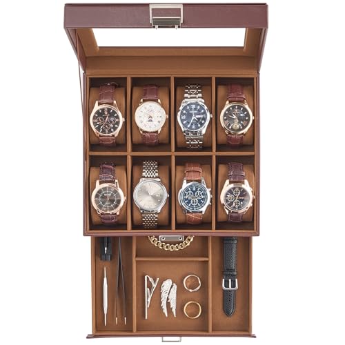 Detalle de ProCase boîte à montres à 2 niveaux, 8 compartiments et tiroir, marron