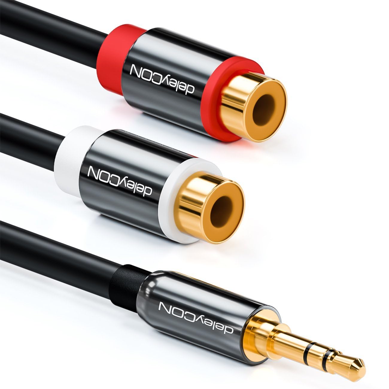 Thumbnail 6 de deleyCON 20 cm Kurzes Stereo Audio Cinch zu Klinke Kabel – 3,5 mm Klinkenstecker zu 2x RCA Cinch Buchse, vergoldet, Metall, Schwarz